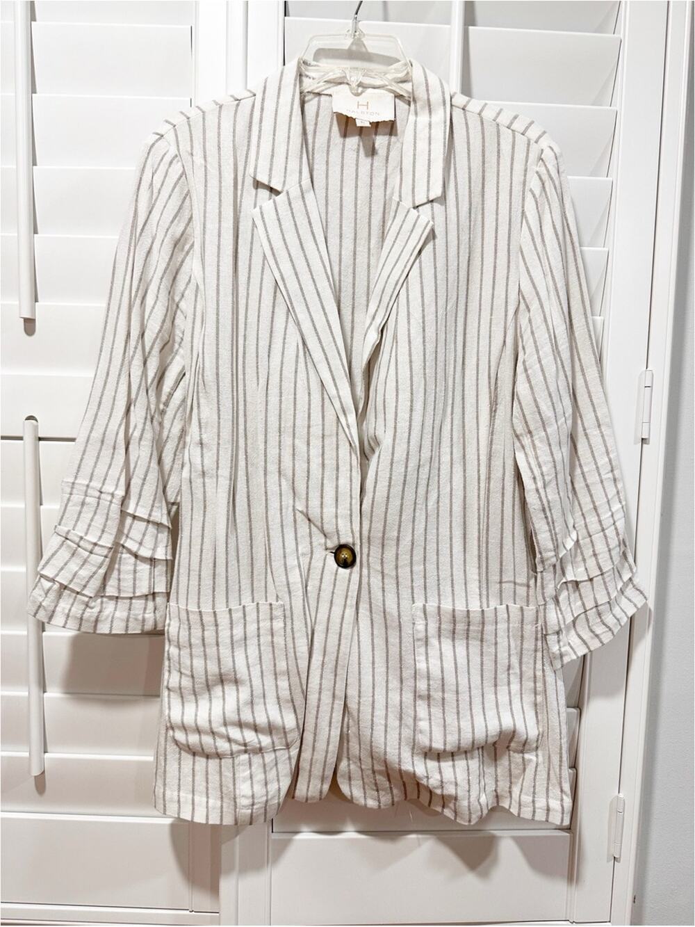 Halston Blazer XL Linen Blend Pinstripe Gathered Sleeve One Button Lightweight